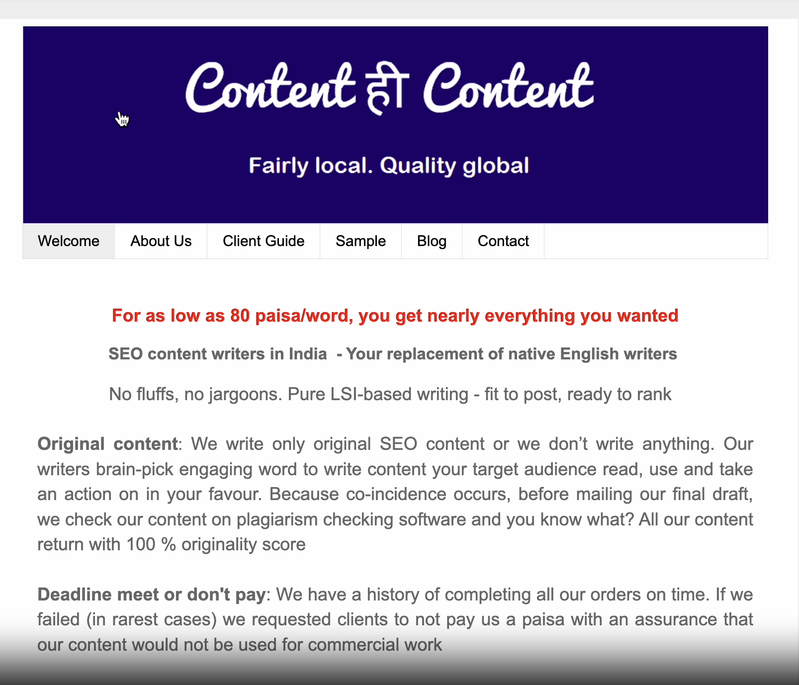 Early version of seo content writer.in website